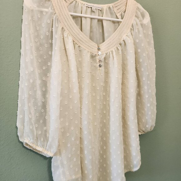 Women Sheer Ivory Top Blouse With 6 Pearl Button 3/4 Sleeve Size S - Picture 8 of 9